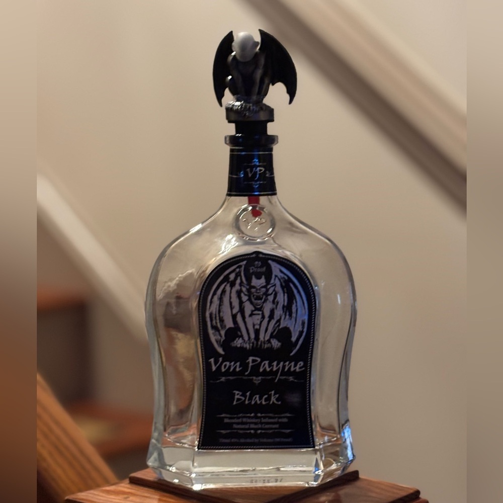 VON PAYNE BLACK WHISKEY BOTTLE (empty) WITH METAL GARGOYLE POURER.